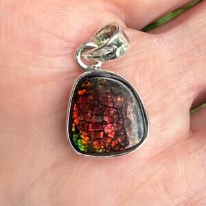 Genuine Ammolite Pendant 925 Sterling Silver Opalized Ammonite Handmade